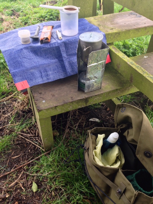 Fresh coffee, Alpkit Kraku stove, Finnish gas mask bag, MSR titanium mug - walking in Lincolnshire