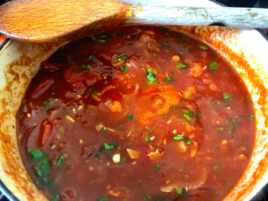 Tomato sauce with fresh basil and salted Spanish guindillas