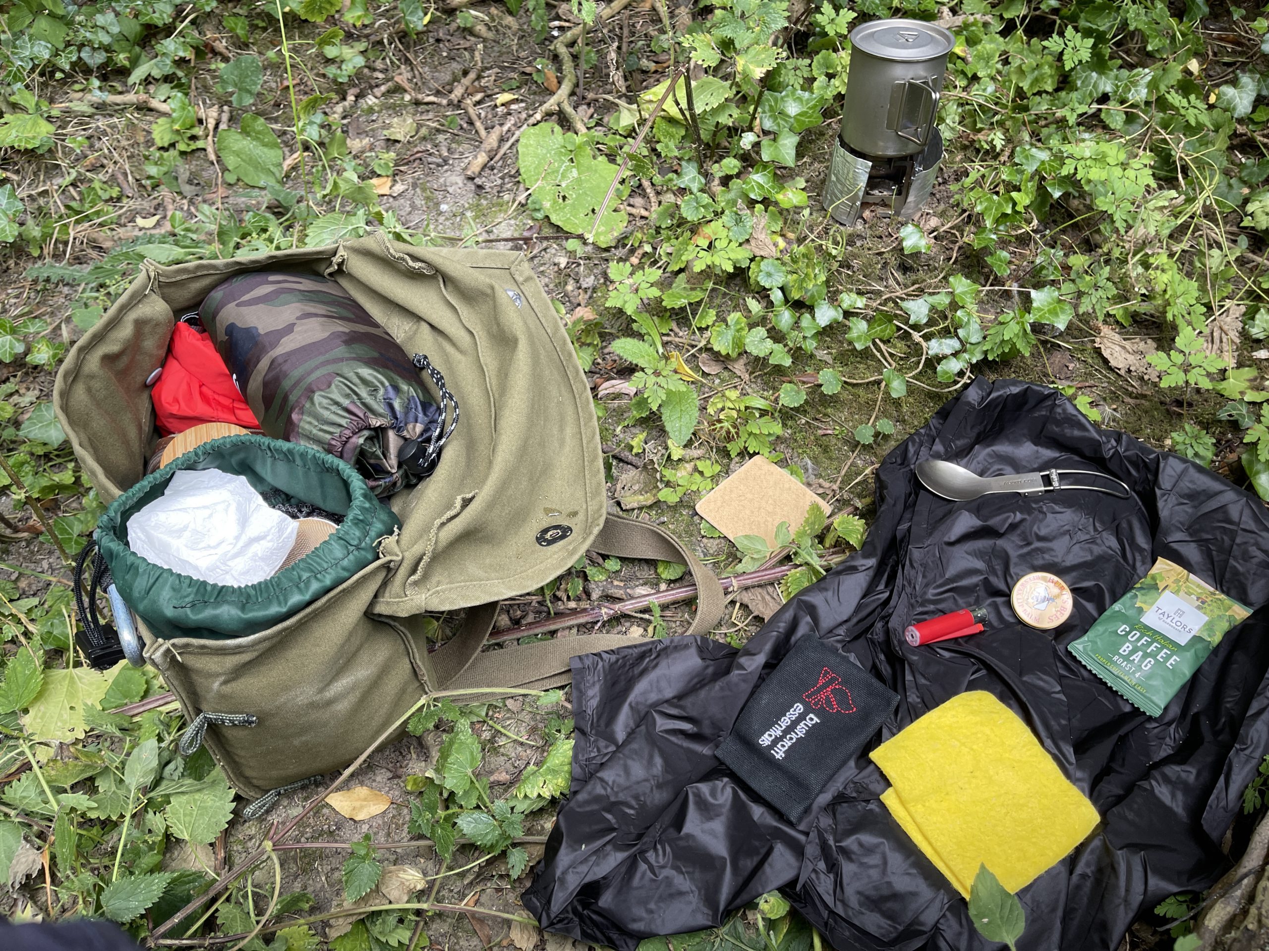 Lightweight  gear and walking kit in a Finnish haversack 