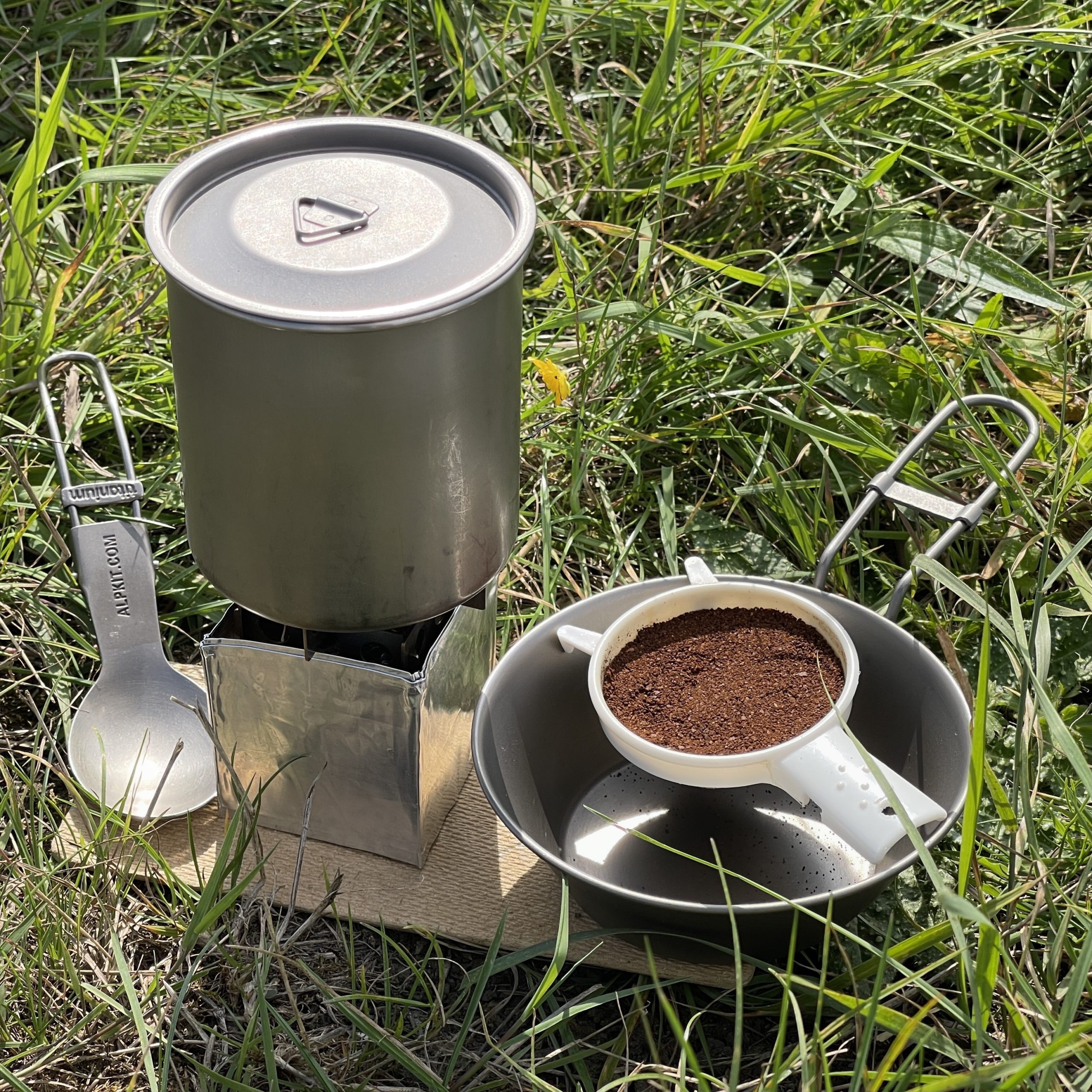 Camping coffee gear - MSR mug, titanium Sierra cup and Alpkit folding spoon