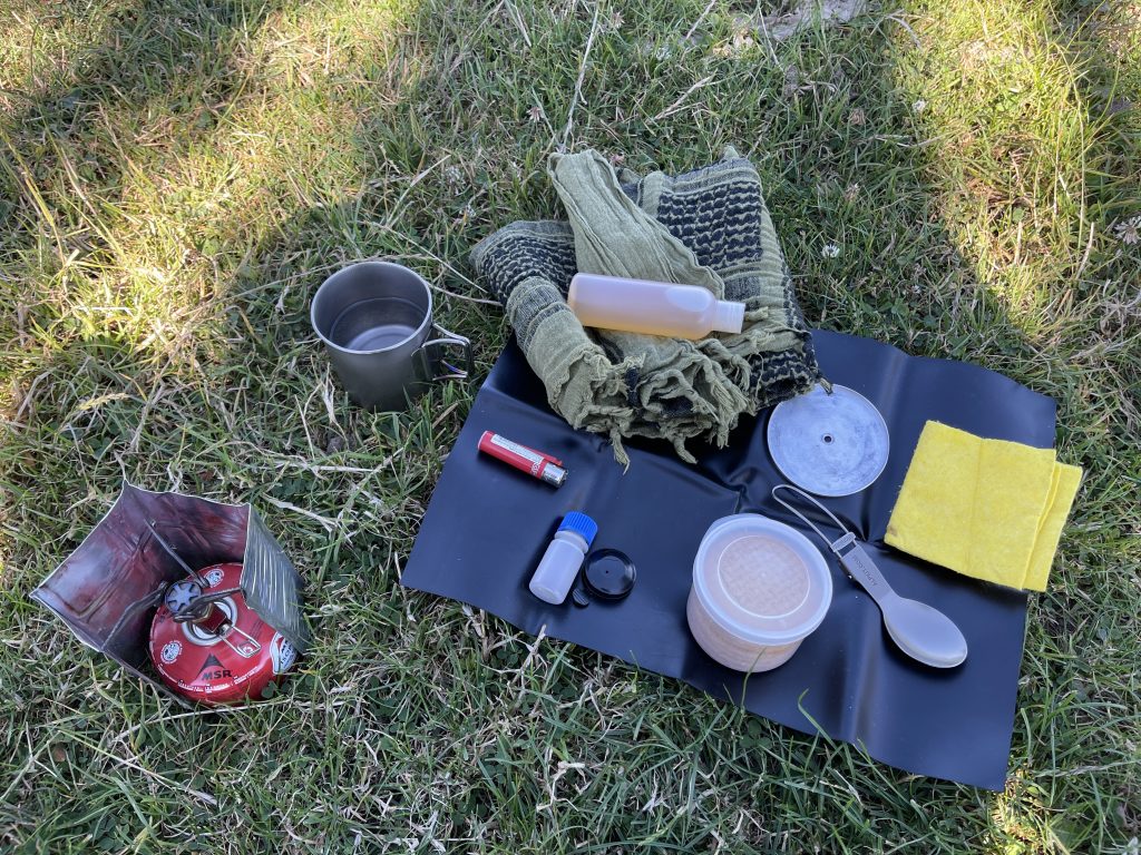 Alpkit Kraku stove, MSR titanium mug, Alpkit titanium spoon