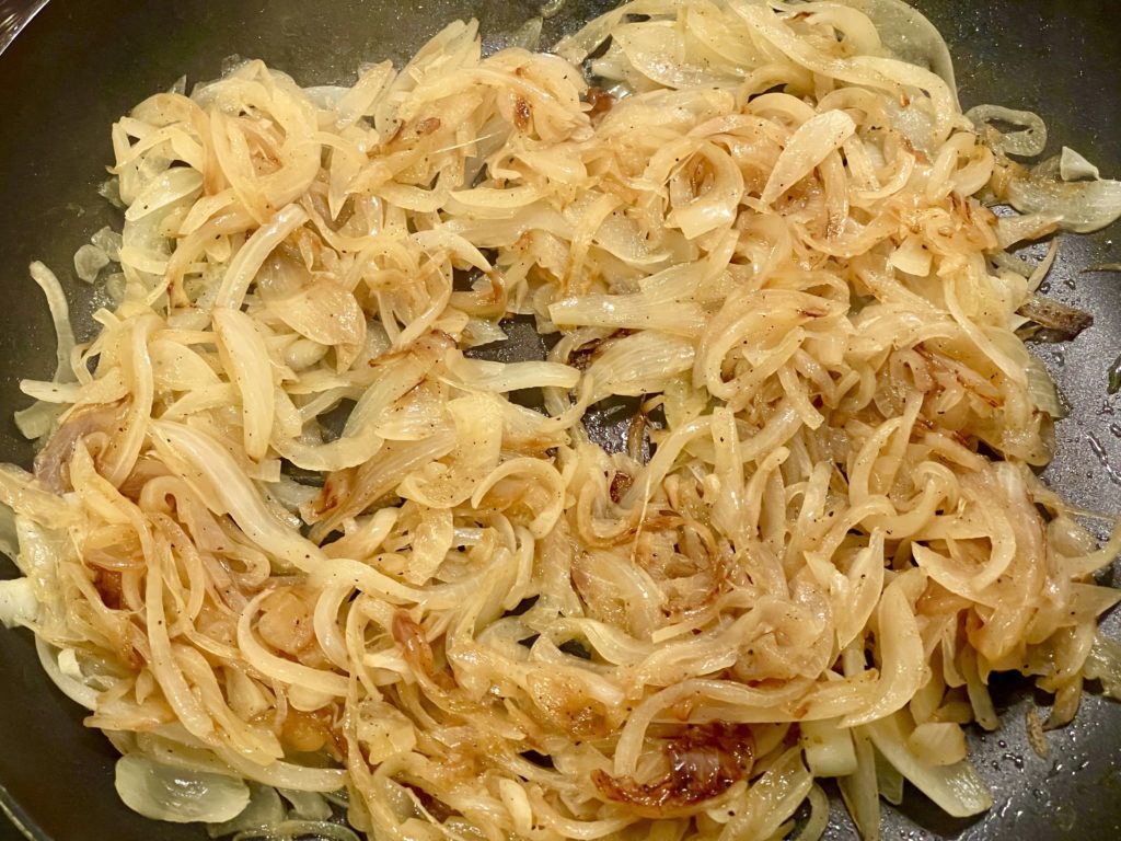 Fries and steamed hot dog onions