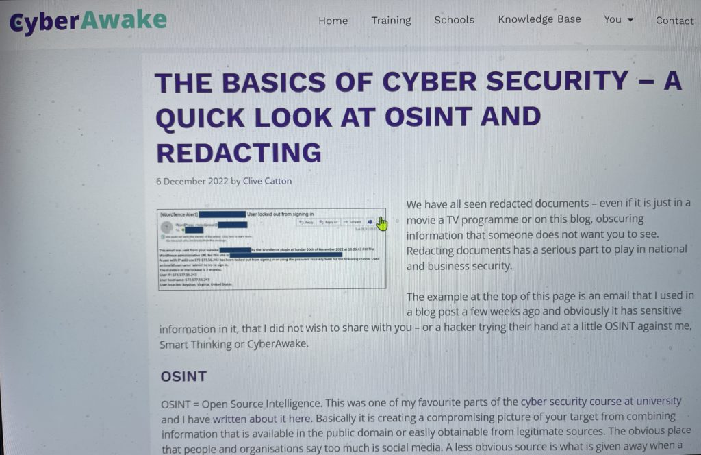 CyberAwake promo photo for an article about redacted and OSINT