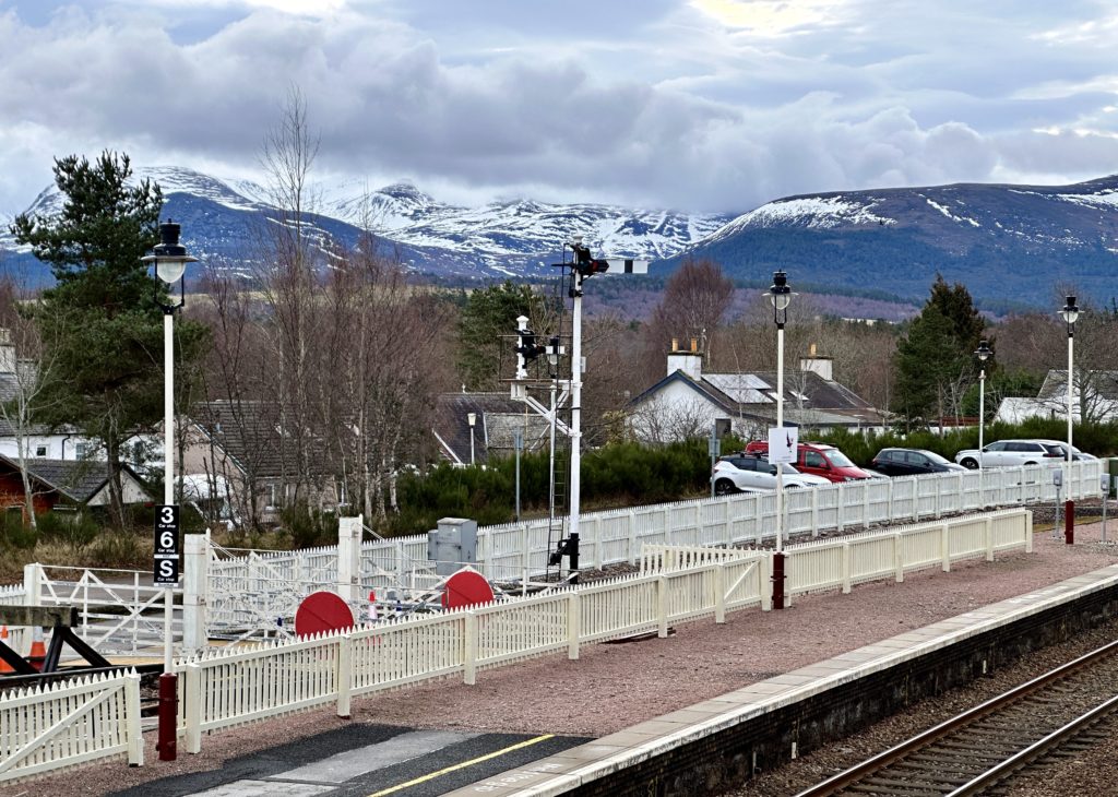 The Cairngorm mountains from the Aviemore station foot bridge