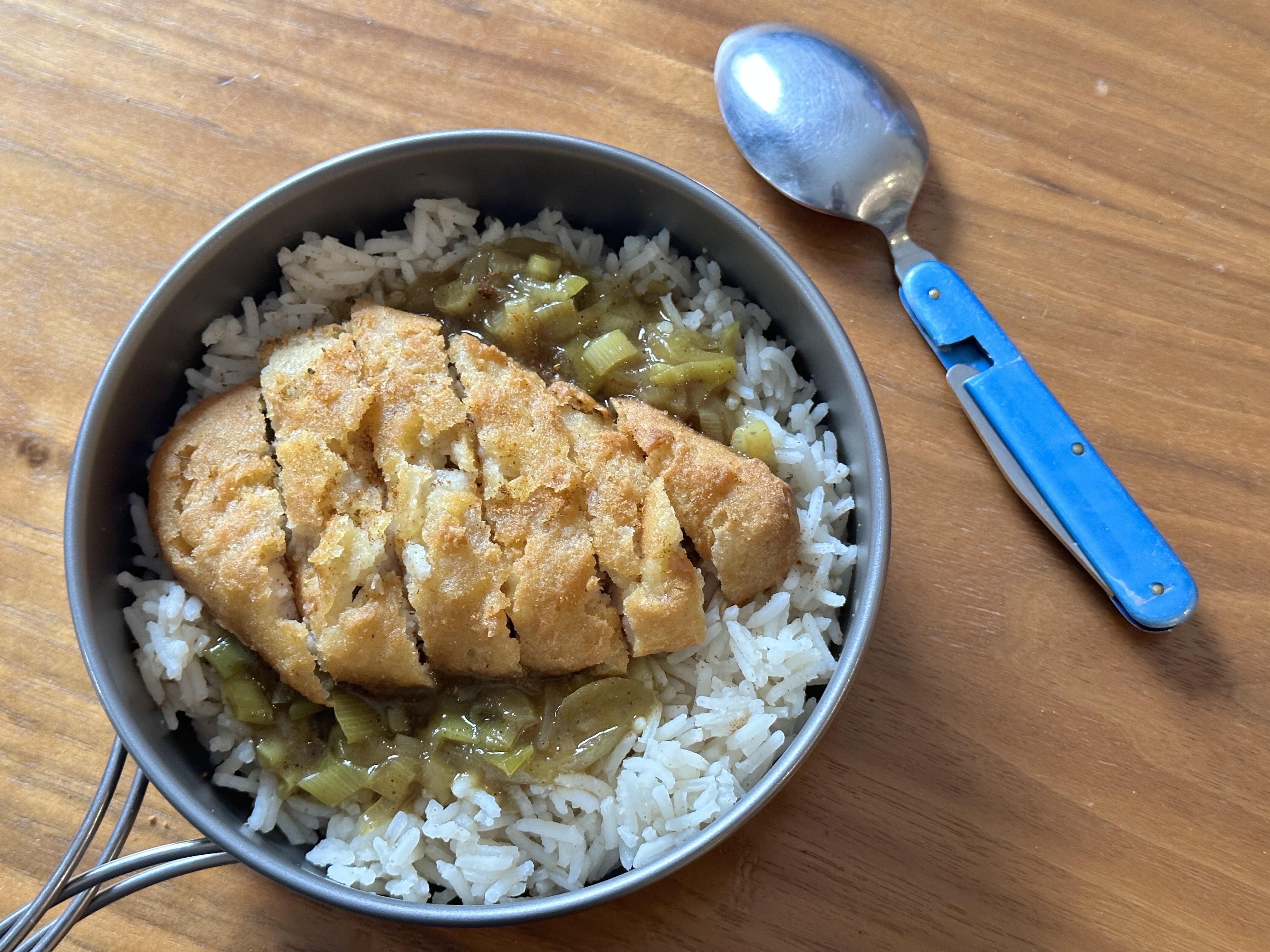 Katsu curry camp recipe with folding utensil and titanium bowl