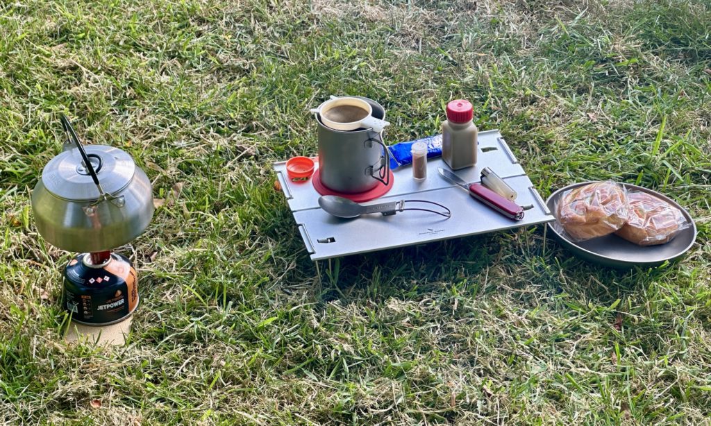 Lightweight cooking gear making camp coffee
